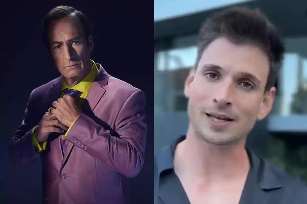 Dos hombres aparecen en la imagen, uno con traje color lila y camisa amarilla en un fondo oscuro, y otro con camisa oscura en un entorno al aire libre.
