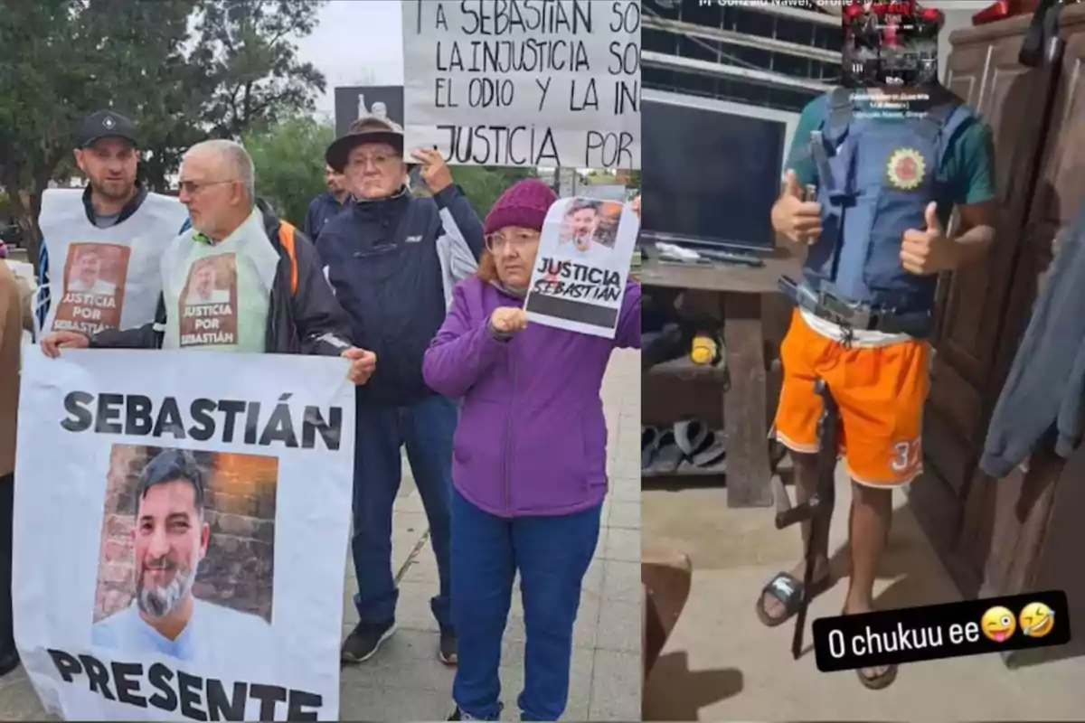Personas manifestándose con carteles que piden justicia por Sebastián y una foto de un joven con chaleco antibalas, pistola y un arma larga en una habitación