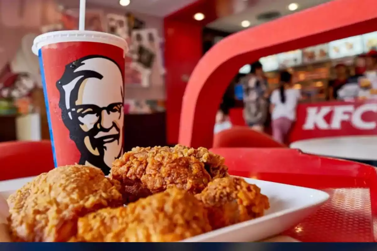 Vaso de refresco y piezas de pollo frito en una bandeja dentro de un restaurante de comida rápida KFC