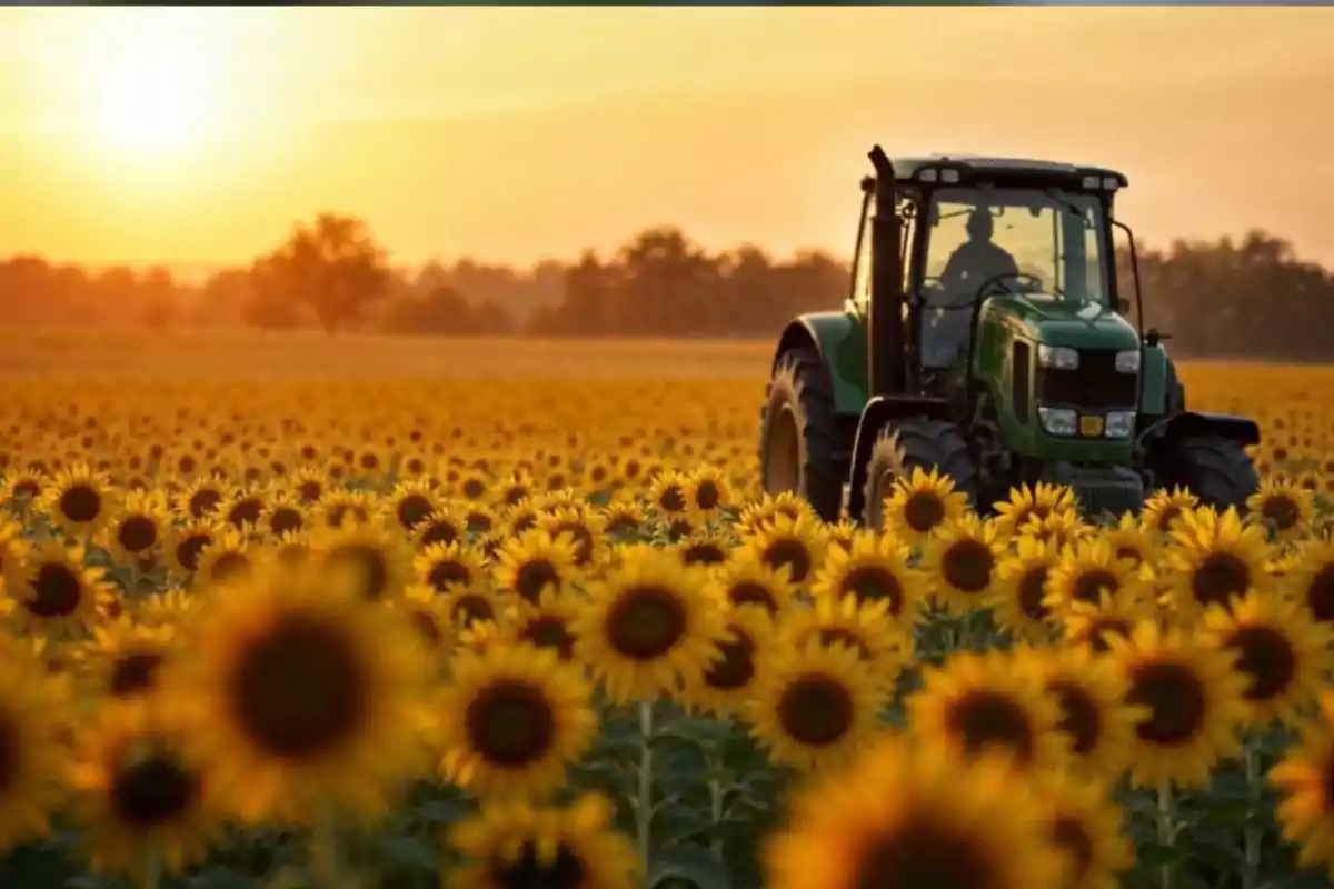 Tractor verde en un campo de girasoles al atardecer Tractor verde en un campo de girasoles al atardecer