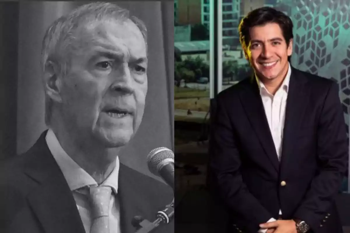 Dos hombres vestidos de traje, uno mayor hablando frente a un micrófono en una imagen en blanco y negro y otro más joven sonriendo en un entorno moderno y colorido Dos hombres vestidos de traje, uno mayor hablando frente a un micrófono en una imagen en blanco y negro y otro más joven sonriendo en un entorno moderno y colorido