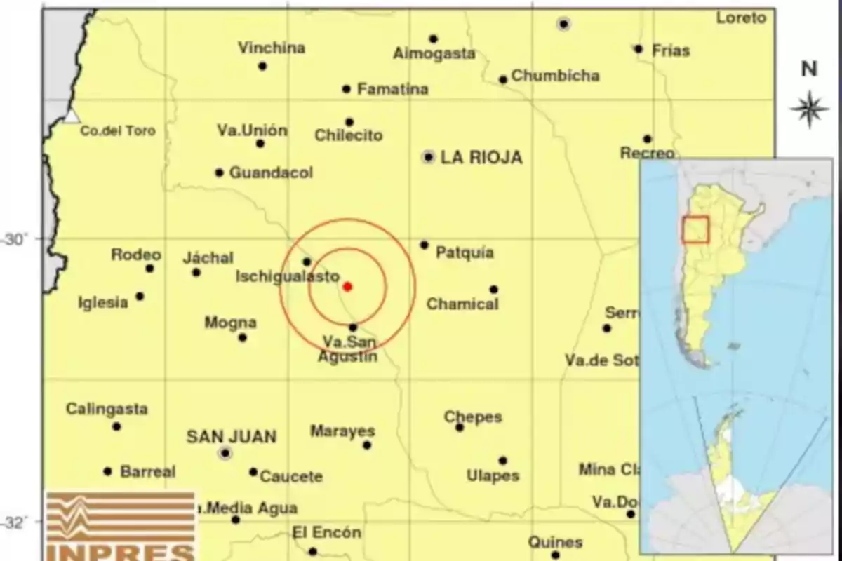 Map showing the location of an earthquake epicenter in the La Rioja and San Juan region of Argentina, with concentric circles indicating the affected area and a reference box on the country map. Map showing the location of an earthquake epicenter in the La Rioja and San Juan region of Argentina, with concentric circles indicating the affected area and a reference box on the country map.