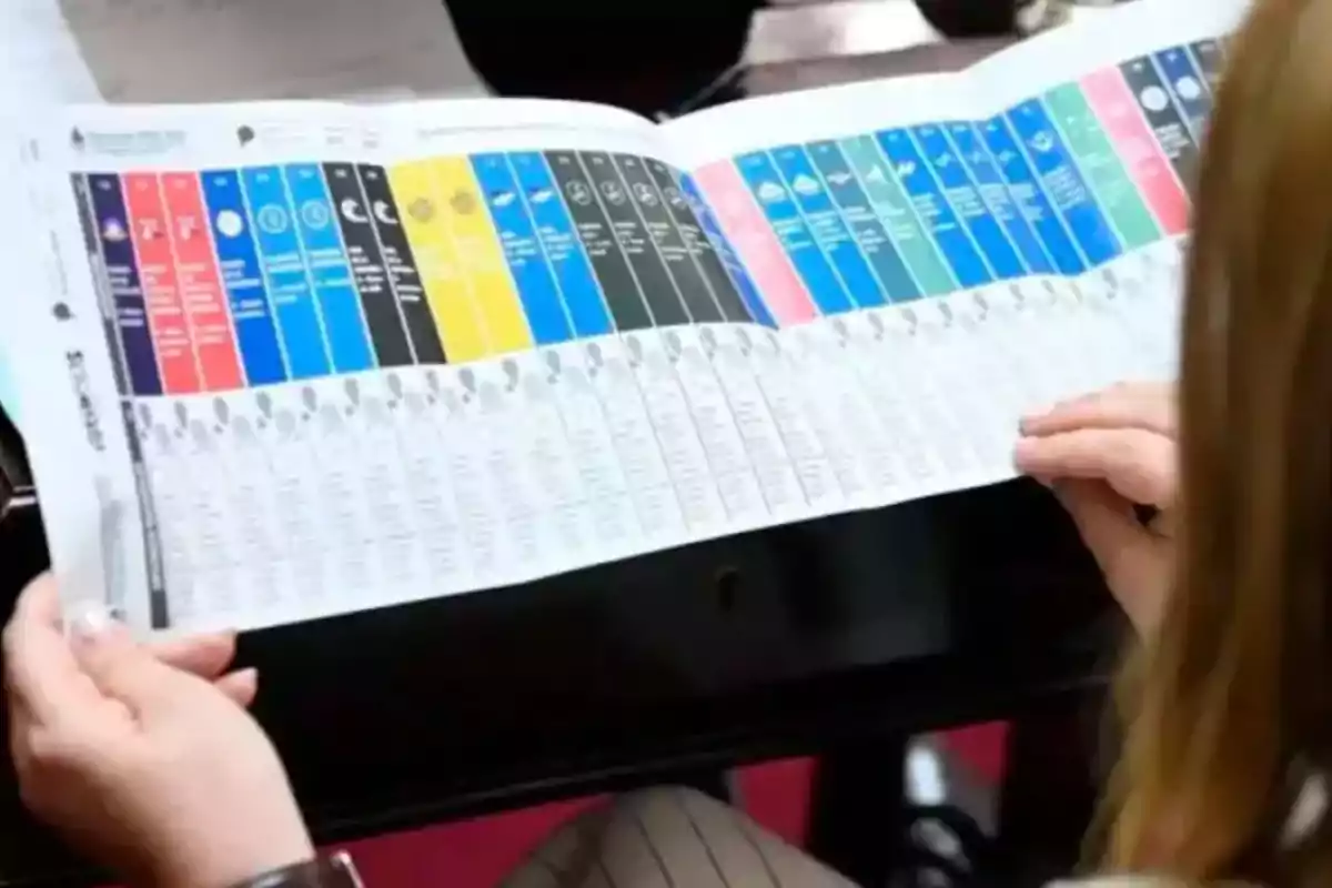 Person holding a large, colorful ballot with multiple political party options.