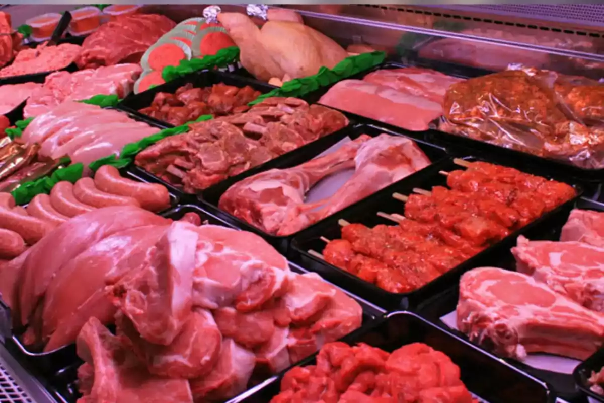 Variety of meat cuts and sausages displayed in a butcher shop showcase