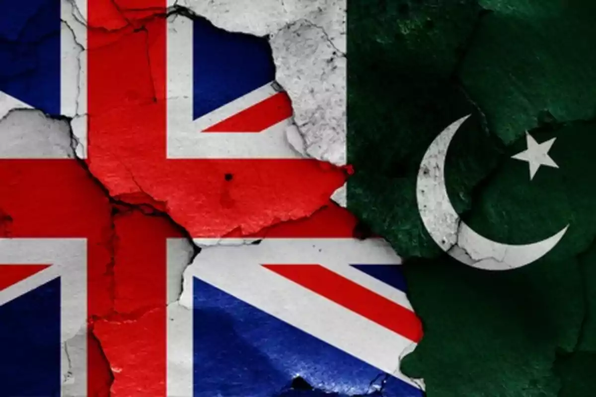 United Kingdom and Pakistan flags merged with cracked wall effect