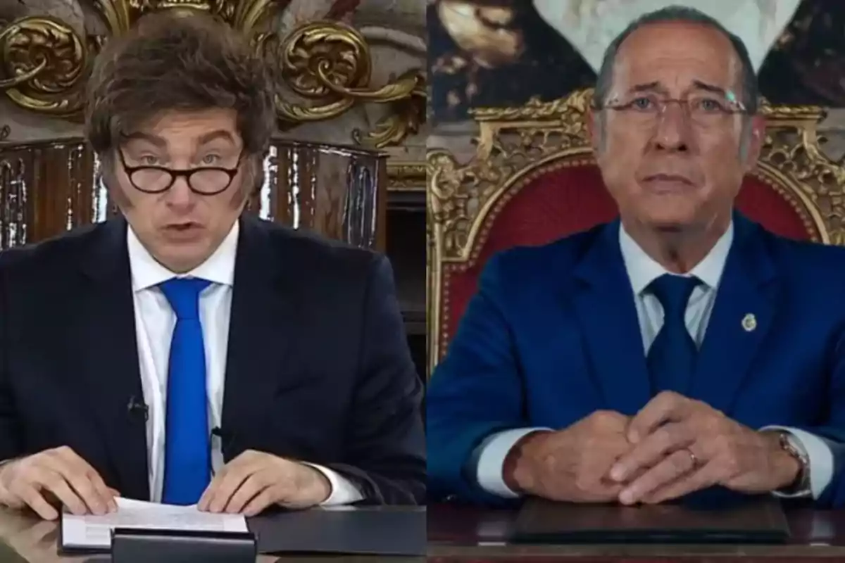 Two men in blue suits sitting at different desks with decorative backgrounds and serious expressions Two men in blue suits sitting at different desks with decorative backgrounds and serious expressions