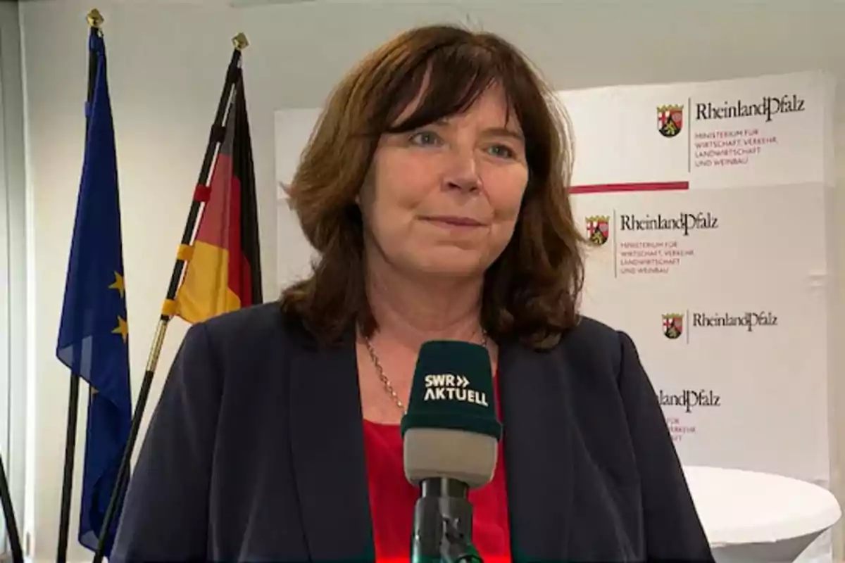 Brown-haired woman speaking in front of a microphone at an official event with European Union and German flags in the background Brown-haired woman speaking in front of a microphone at an official event with European Union and German flags in the background