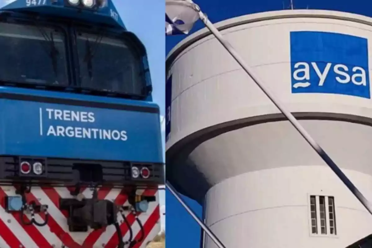 Locomotora azul de Trenes Argentinos junto a un tanque de agua de la empresa AySA