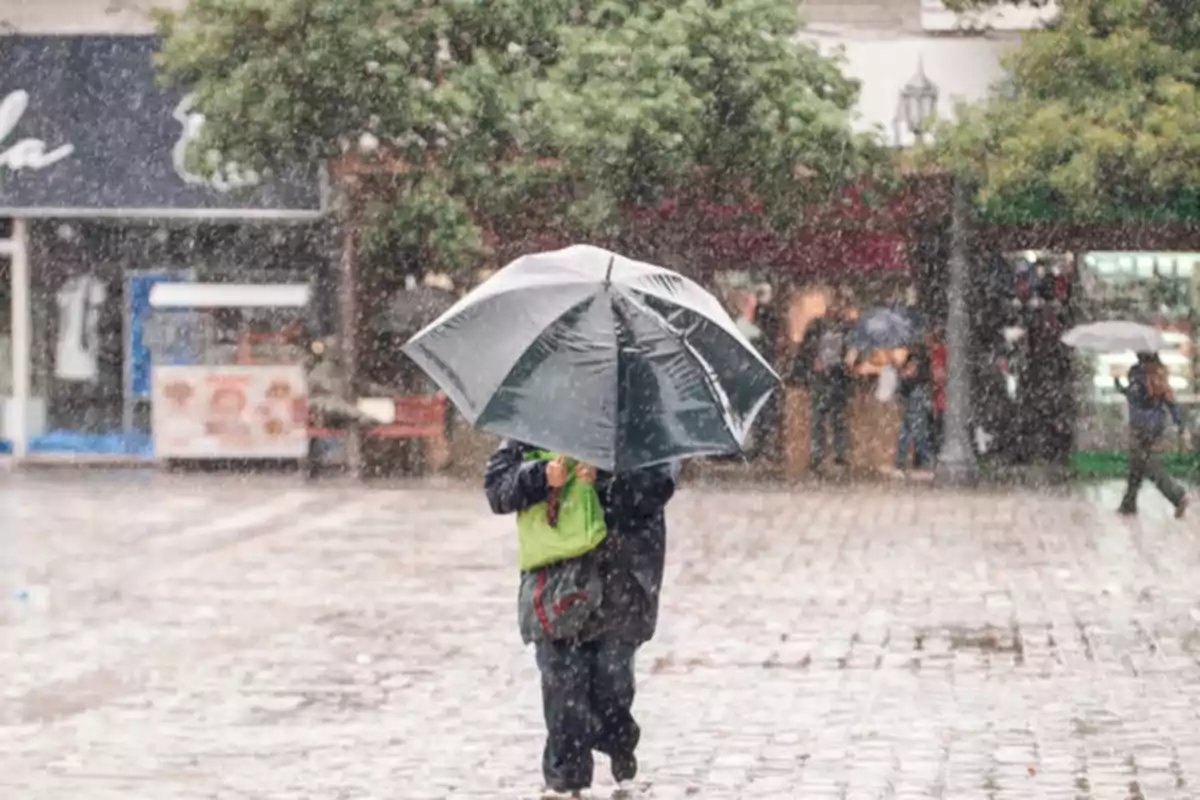 Person walking under the rain with a black umbrella in an urban square