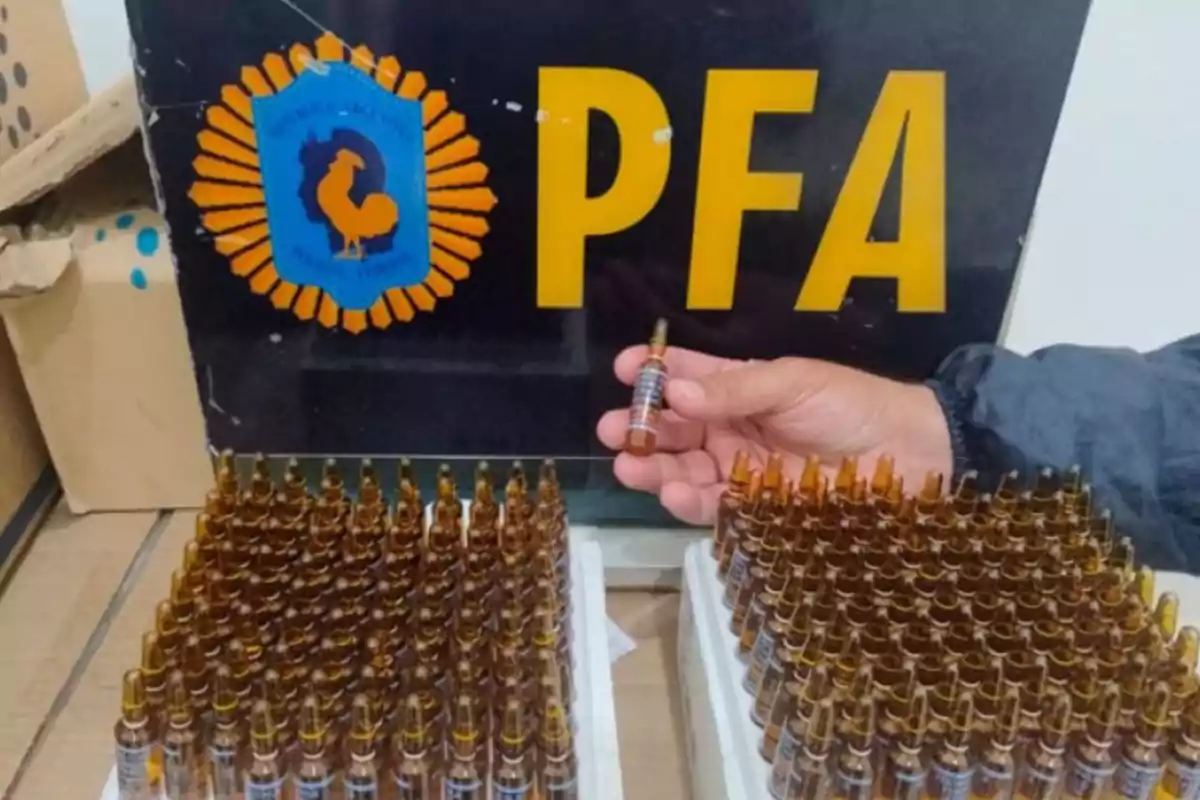 Una mano sostiene una ampolla frente a una mesa llena de ampollas similares y un cartel de la Policía Federal Argentina con las siglas PFA al fondo. Una mano sostiene una ampolla frente a una mesa llena de ampollas similares y un cartel de la Policía Federal Argentina con las siglas PFA al fondo.