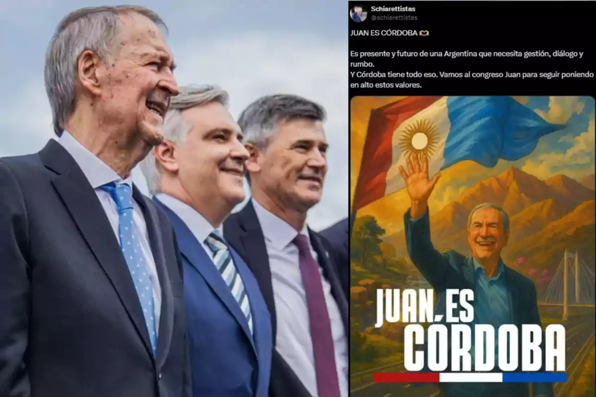 Tres hombres de traje sonríen al aire libre mientras a la derecha se muestra un cartel político con un hombre saludando frente a una bandera argentina y montañas, acompañado del texto Juan es Córdoba.