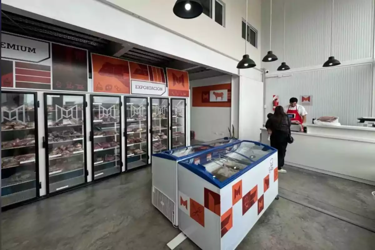 Tienda de carnes moderna con vitrinas refrigeradas llenas de productos cárnicos, un congelador en el centro y una persona atendiendo a una clienta en el mostrador