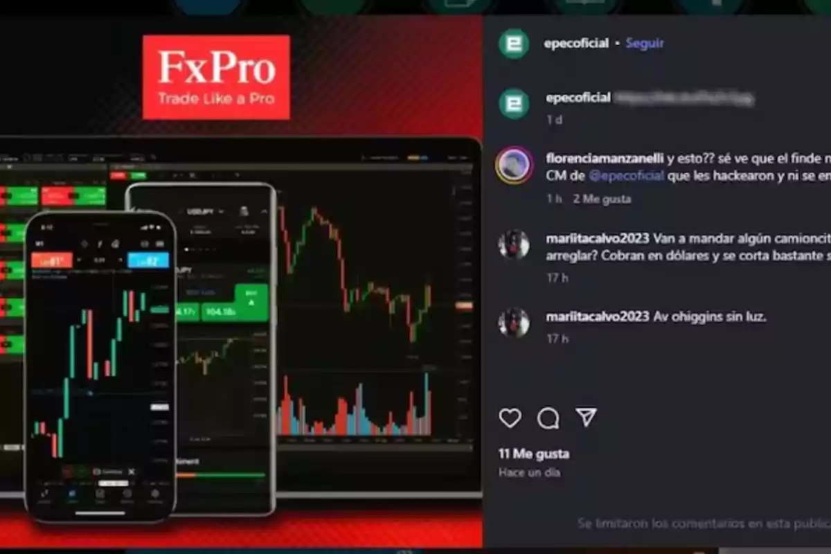 Publicación de Instagram de la cuenta epecoficial mostrando una imagen promocional de FxPro con gráficos de trading en dispositivos móviles y comentarios de usuarios a la derecha