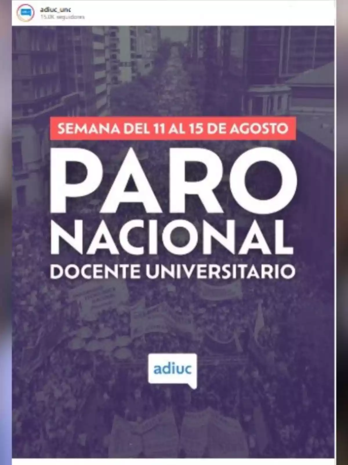 Afiche de una manifestación en una ciudad con el texto semana del 11 al 15 de agosto paro nacional docente universitario y el logo de adiuc