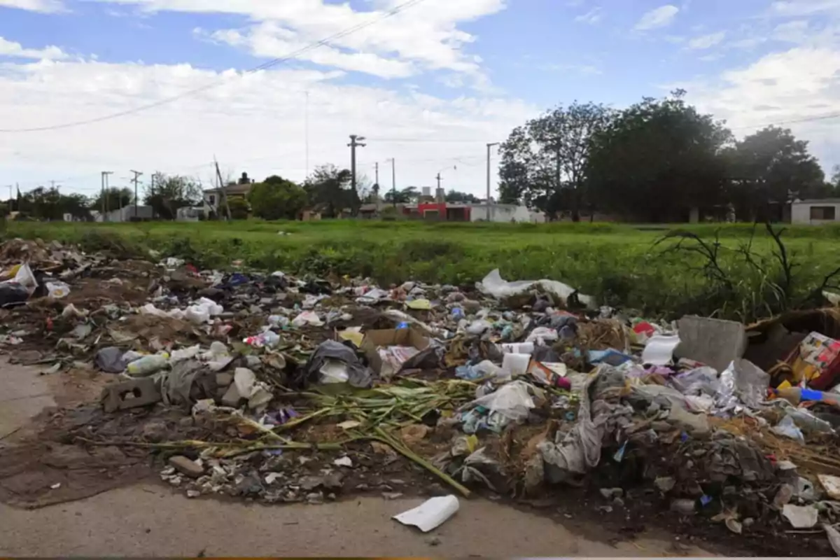 Basura acumulada en un terreno baldío cerca de una zona residencial con césped y árboles al fondo Basura acumulada en un terreno baldío cerca de una zona residencial con césped y árboles al fondo