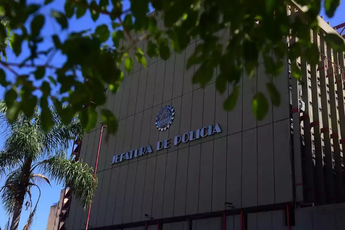 Police headquarters building seen from the outside with tree branches in the foreground