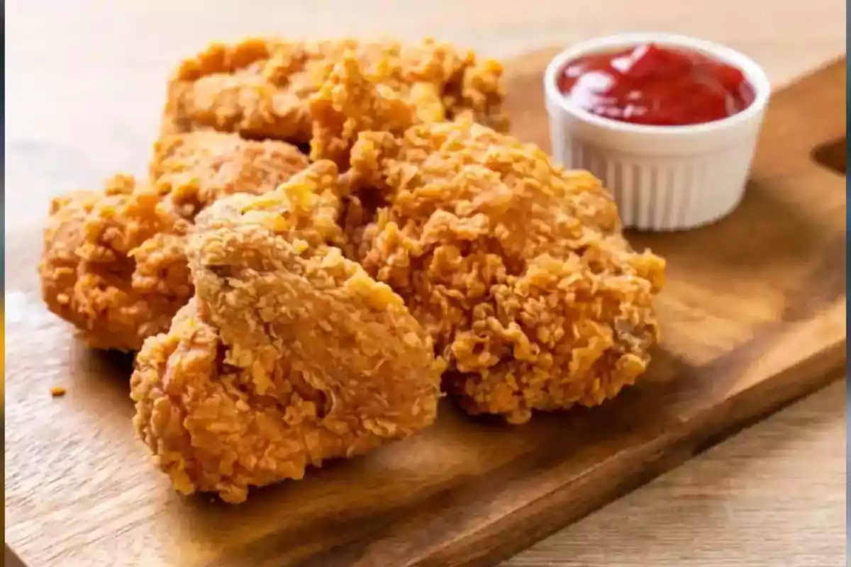 Crispy fried chicken served on a wooden board with a small container of red sauce Crispy fried chicken served on a wooden board with a small container of red sauce