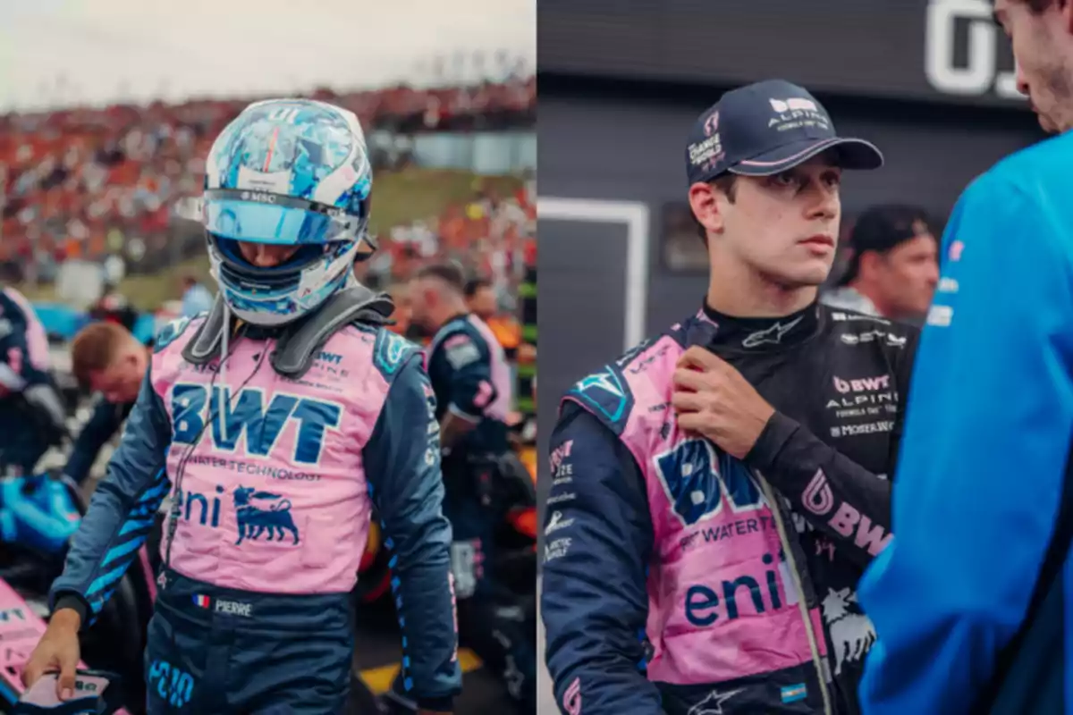 Dos pilotos de automovilismo con uniforme rosa y azul del equipo BWT Alpine en un ambiente de competencia Dos pilotos de automovilismo con uniforme rosa y azul del equipo BWT Alpine en un ambiente de competencia