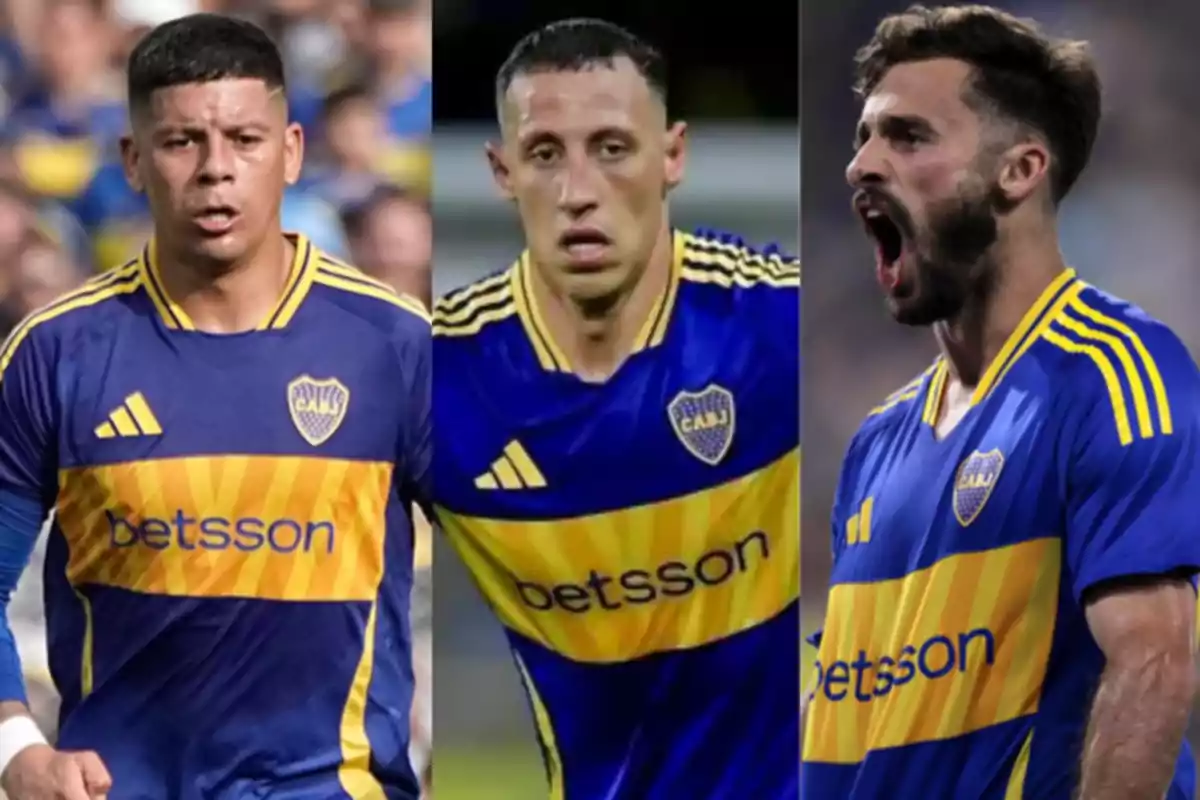 Three players wearing Boca Juniors' blue and yellow jersey during a match