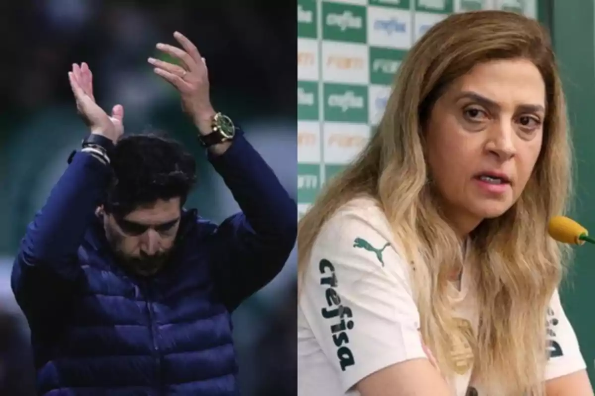 Un hombre con chaqueta azul aplaude con la cabeza baja y una mujer con camiseta blanca de un equipo de fútbol está hablando frente a un micrófono en una conferencia de prensa.