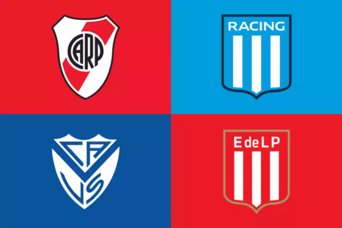 Cuatro escudos de equipos de fútbol argentinos sobre fondos rojos y azules