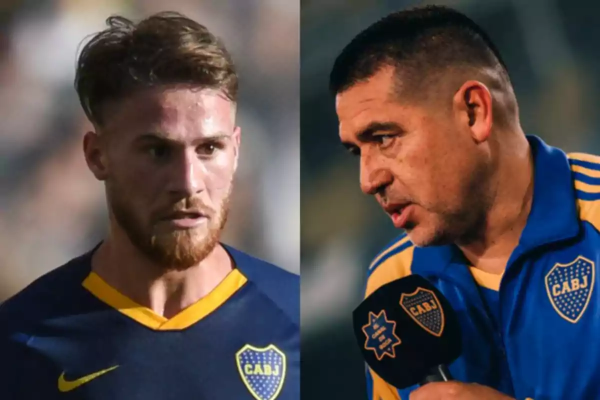 Dos hombres con ropa de Boca Juniors uno de ellos está en primer plano y el otro sostiene un micrófono