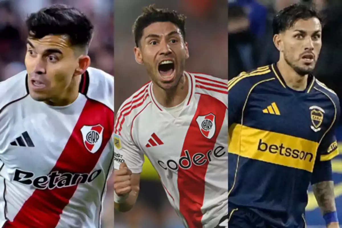 Tres futbolistas argentinos en primer plano, dos con la camiseta de River Plate y uno con la camiseta de Boca Juniors Tres futbolistas argentinos en primer plano, dos con la camiseta de River Plate y uno con la camiseta de Boca Juniors