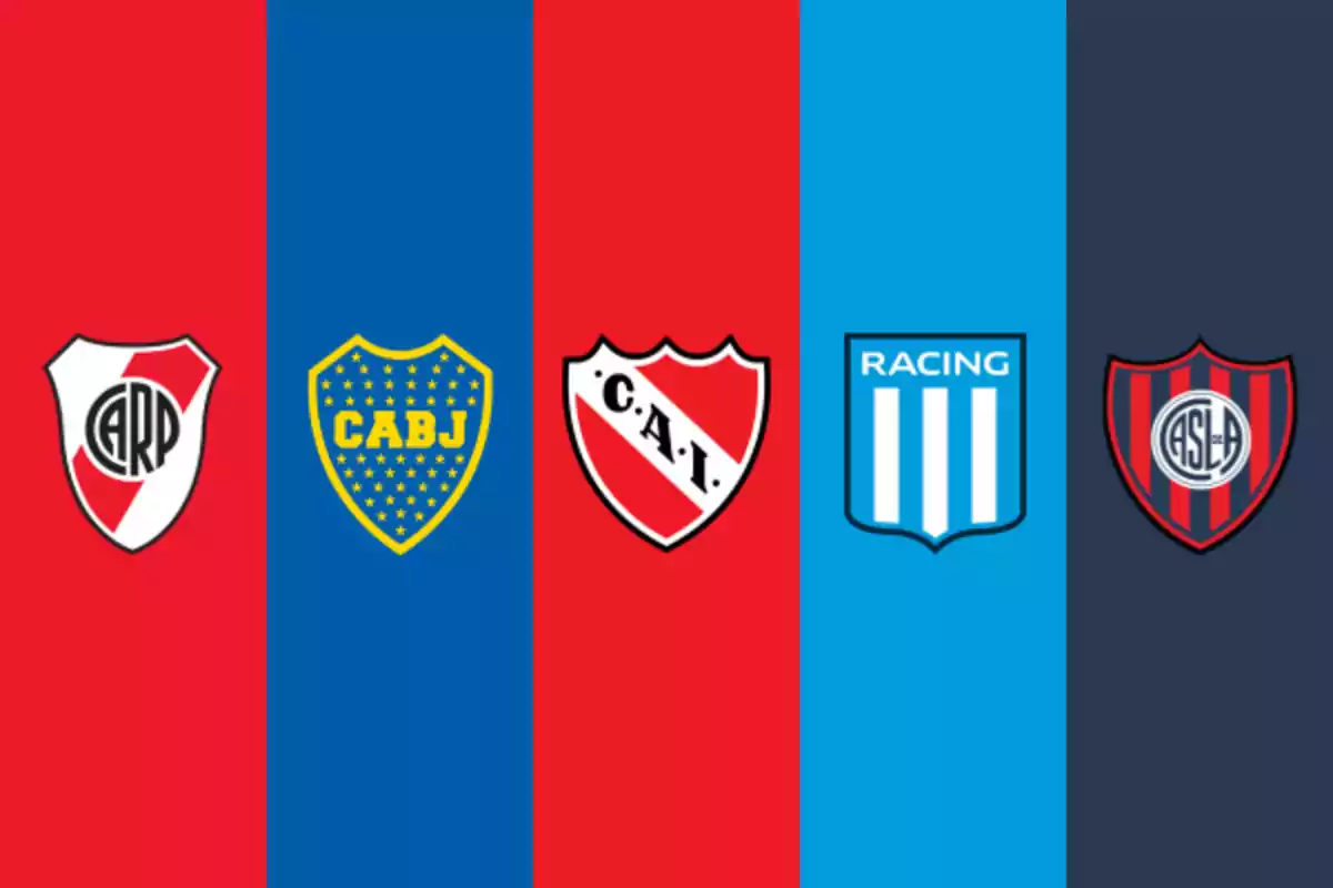 Badges of the five major Argentine soccer teams on backgrounds in each club’s representative colors