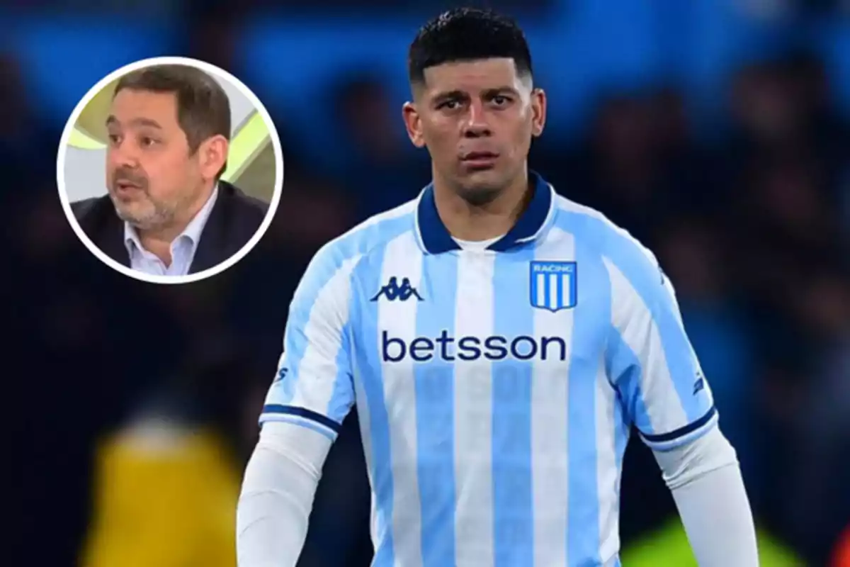 Un futbolista con la camiseta de Racing Club en el campo y un recuadro con el rostro de un hombre de traje en la esquina superior izquierda.