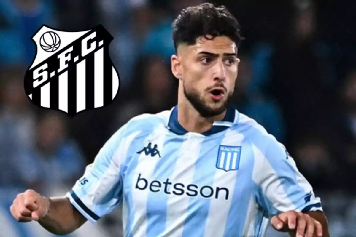 Soccer player wearing a Racing Club uniform in the foreground and the Santos FC crest in the background