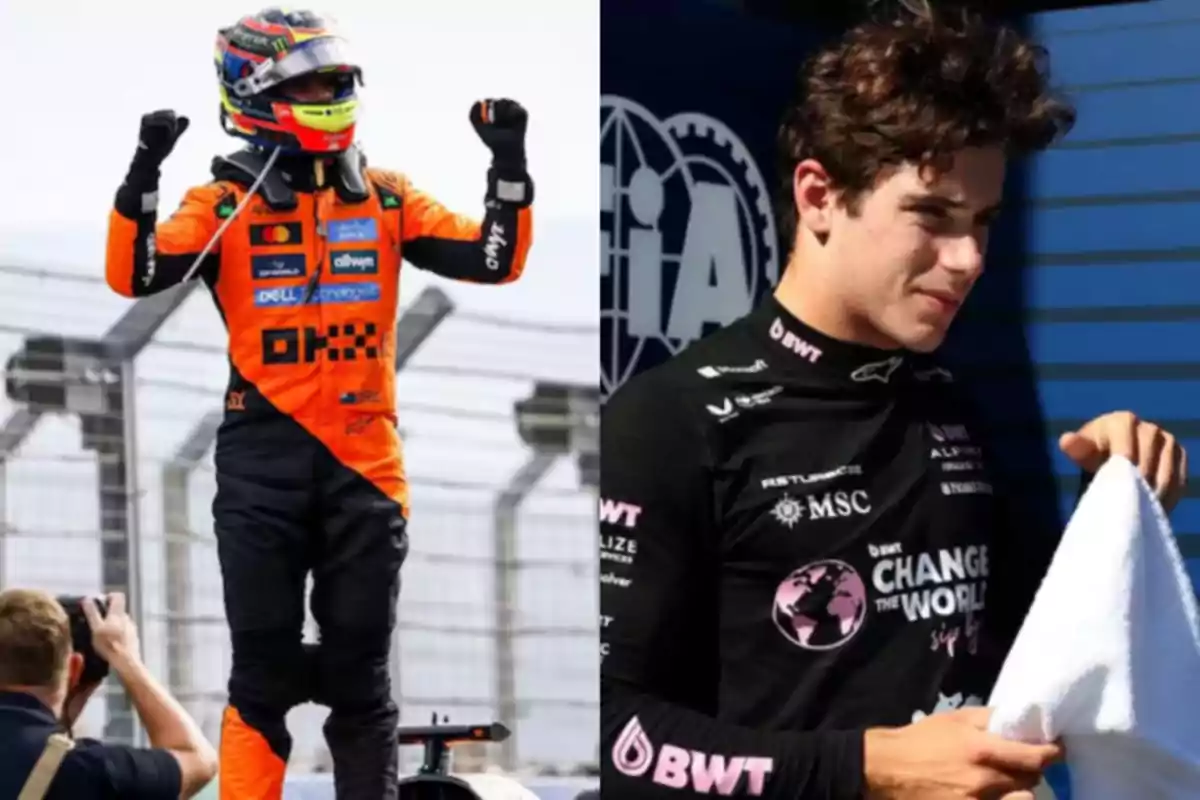 Dos pilotos de automovilismo, uno celebrando con los brazos en alto vestido con un traje naranja y casco, y otro de pie con un traje negro sosteniendo una toalla
