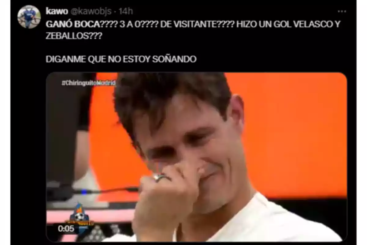 Tweet expressing surprise and joy at Boca Juniors' victory, accompanied by an image of an emotional man wiping away a tear Tweet expressing surprise and joy at Boca Juniors' victory, accompanied by an image of an emotional man wiping away a tear