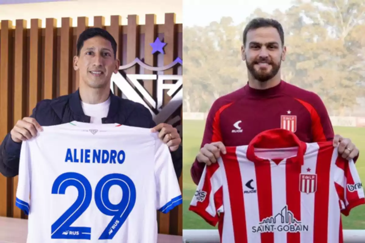 Two players pose holding the jerseys of their respective teams, one with a white jersey with the name Aliendro and the number 29, and the other with a red and white striped jersey. Two players pose holding the jerseys of their respective teams, one with a white jersey with the name Aliendro and the number 29, and the other with a red and white striped jersey.
