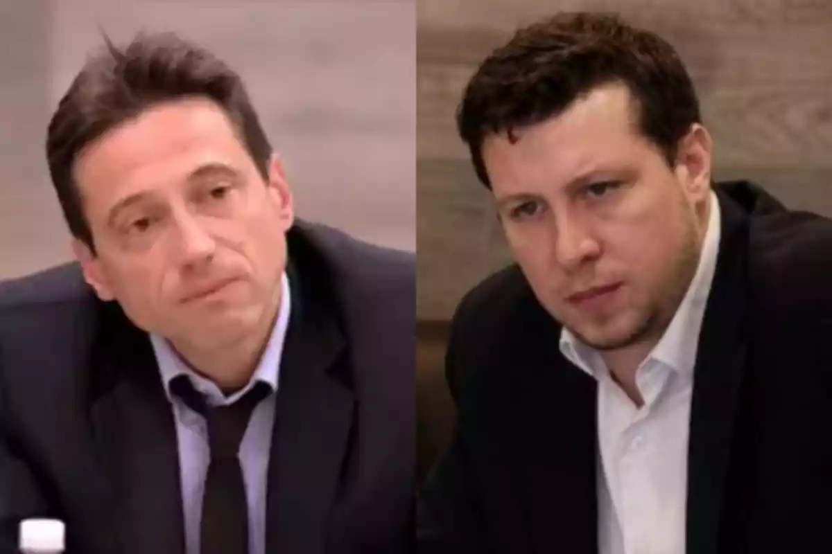 Two men with serious expressions, both dressed in dark suits and light-colored jerseys, seated in an office setting. Two men with serious expressions, both dressed in dark suits and light-colored jerseys, seated in an office setting.