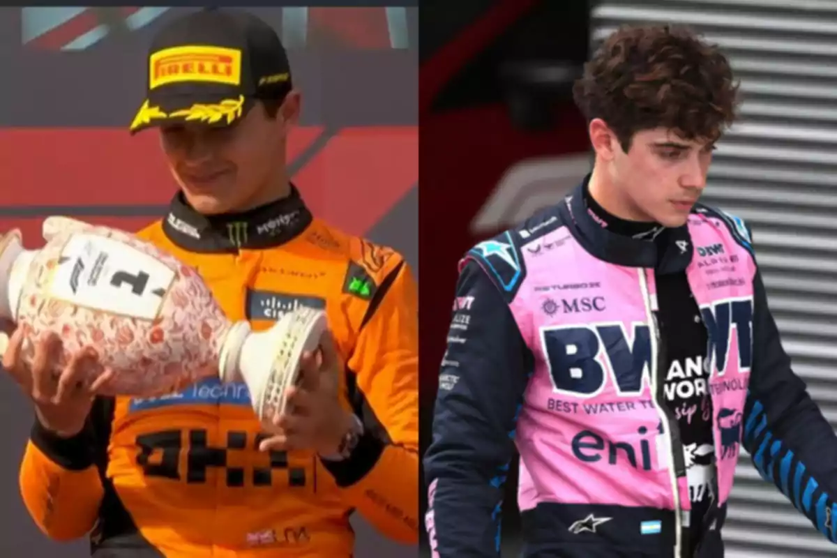 Two race car drivers, one in an orange uniform holding a trophy and smiling, and the other in a pink and blue uniform looking serious.