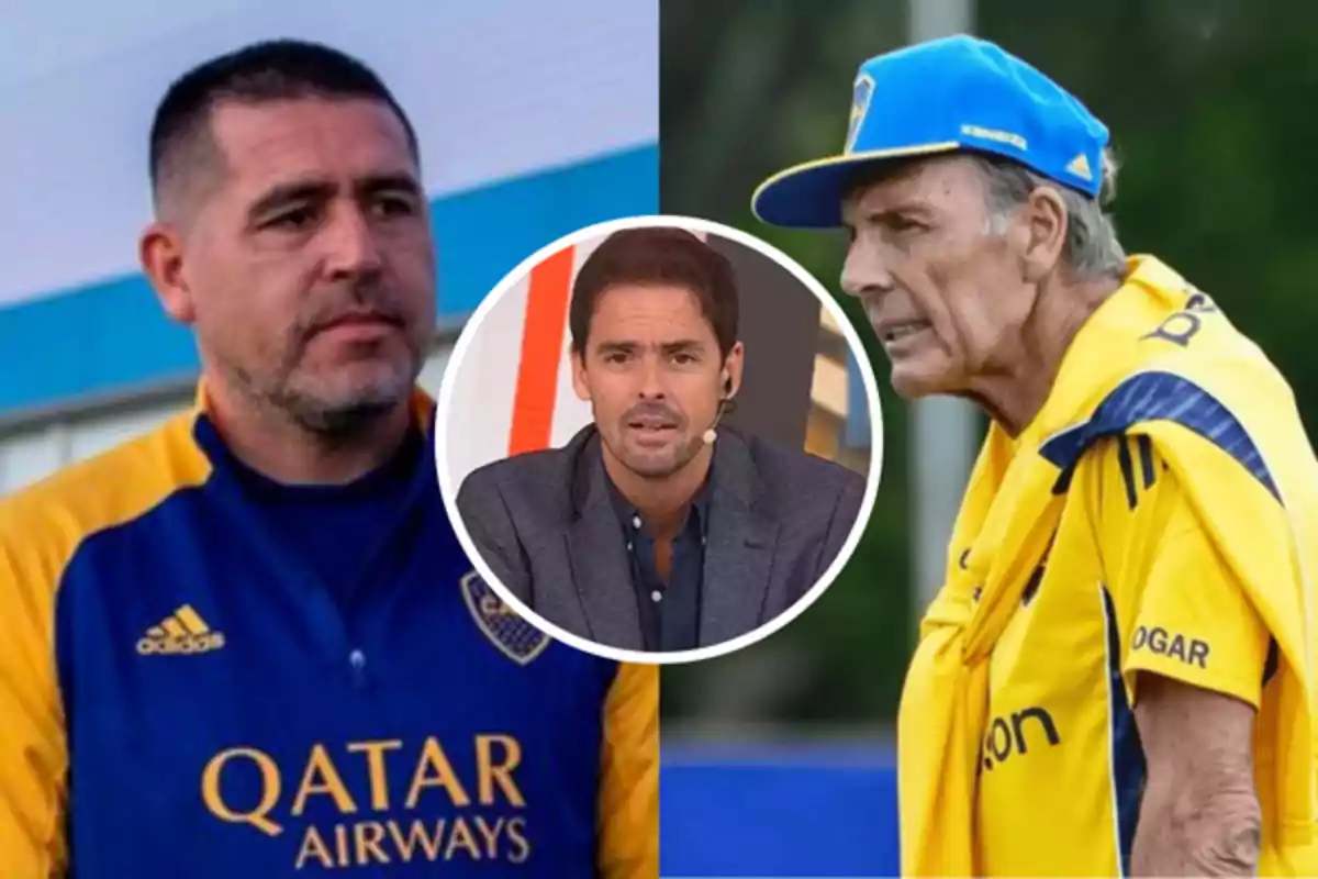 Tres hombres relacionados con el fútbol aparecen en la imagen, dos de ellos con indumentaria de Boca Juniors y uno en el centro con micrófono y saco.