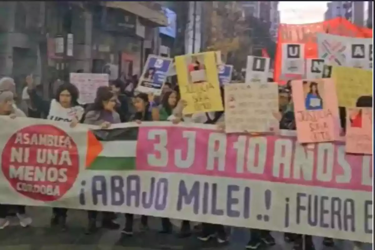 Manifestación feminista en una calle con personas sosteniendo pancartas y un gran cartel que dice Asamblea Ni Una Menos Córdoba y Abajo Milei Manifestación feminista en una calle con personas sosteniendo pancartas y un gran cartel que dice Asamblea Ni Una Menos Córdoba y Abajo Milei