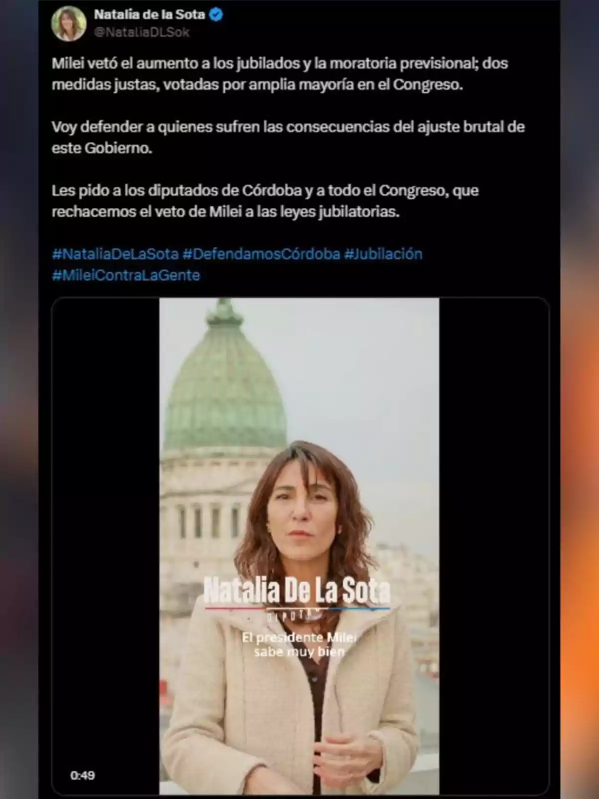 Publicación en redes sociales de una diputada argentina con un mensaje crítico hacia el presidente Milei por vetar leyes relacionadas con jubilados, acompañada de una imagen de la diputada hablando frente al Congreso de la Nación.
