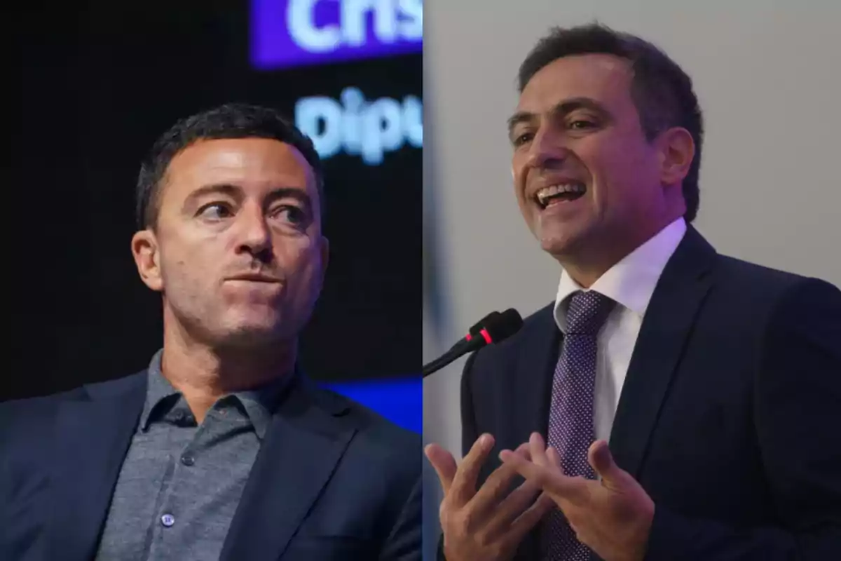 Two middle-aged men in suits, one looking to the left with a serious expression and the other speaking with a smile in front of a microphone. Two middle-aged men in suits, one looking to the left with a serious expression and the other speaking with a smile in front of a microphone.