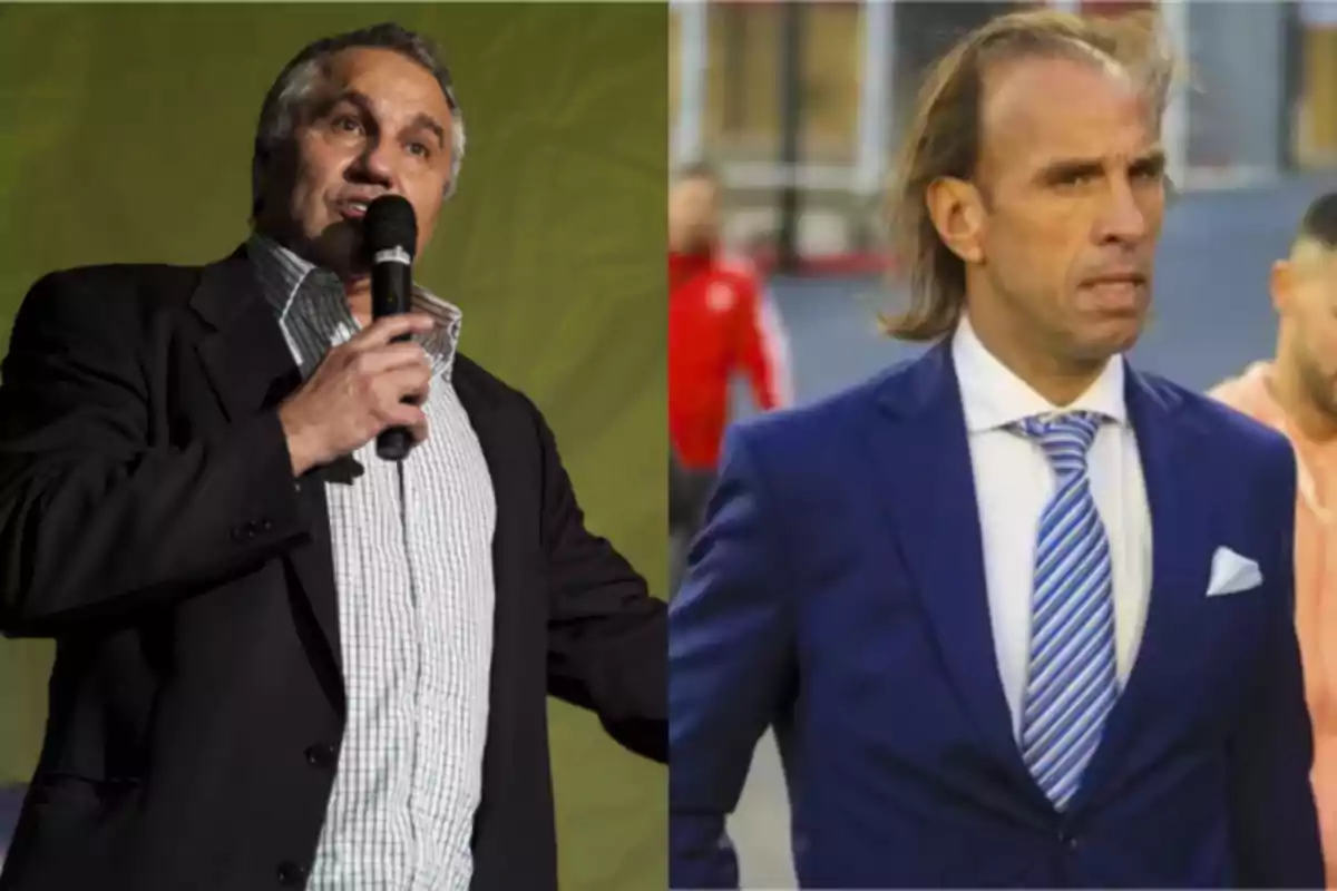 Dos hombres de mediana edad, uno con micrófono y camisa a cuadros con saco oscuro, y otro con traje azul y corbata, ambos en diferentes entornos
