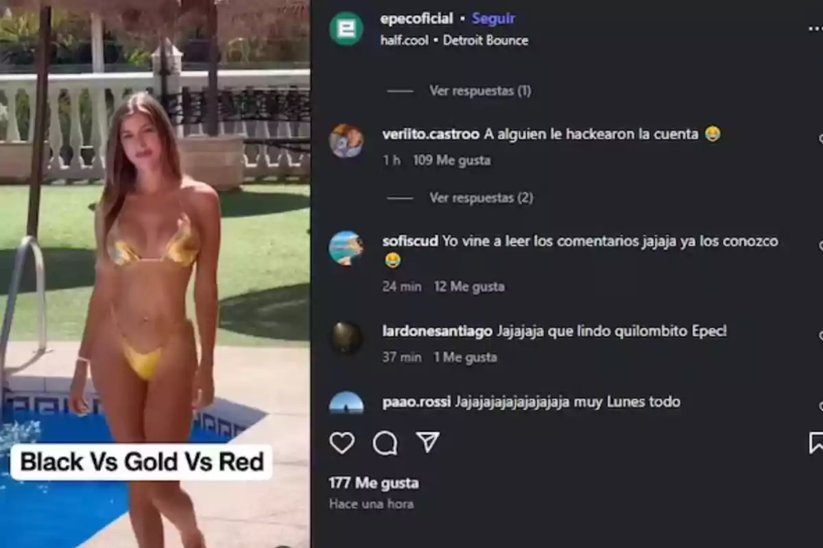 Mujer con bikini dorado posando junto a una piscina mientras se muestran comentarios de Instagram a la derecha