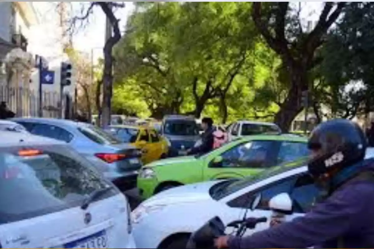 Congested traffic on a tree-lined street with several cars and a motorcycle