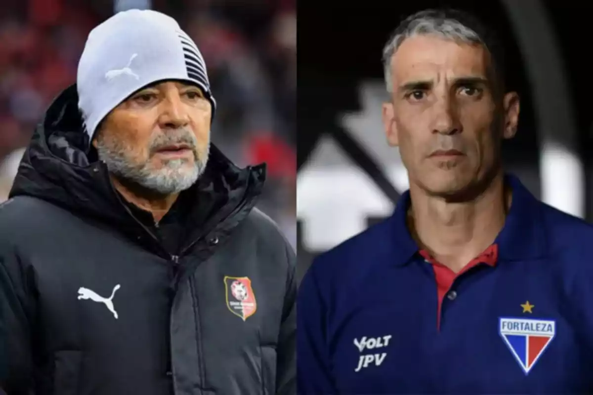 Dos entrenadores de fútbol posan en diferentes escenarios, uno con chaqueta negra y gorro gris y el otro con camisa azul de Fortaleza Dos entrenadores de fútbol posan en diferentes escenarios, uno con chaqueta negra y gorro gris y el otro con camisa azul de Fortaleza