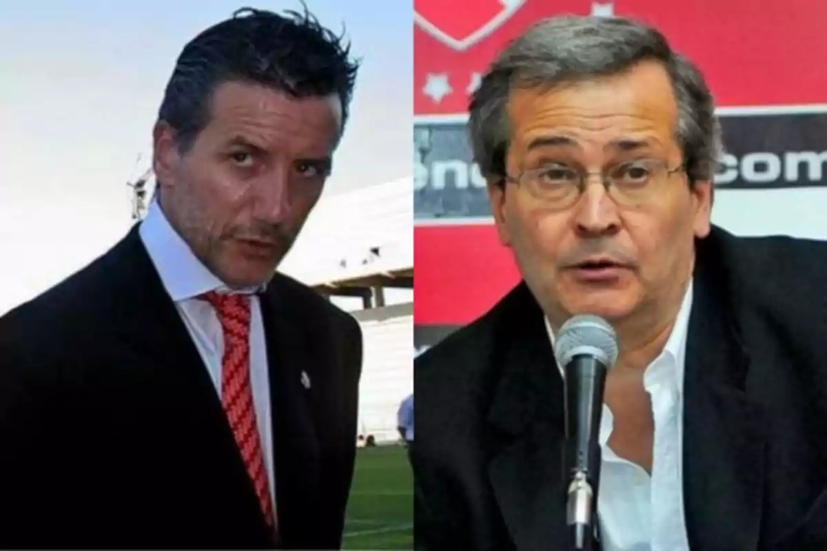 Two men in suits, one outdoors and the other speaking in front of a microphone indoors with a red background Two men in suits, one outdoors and the other speaking in front of a microphone indoors with a red background
