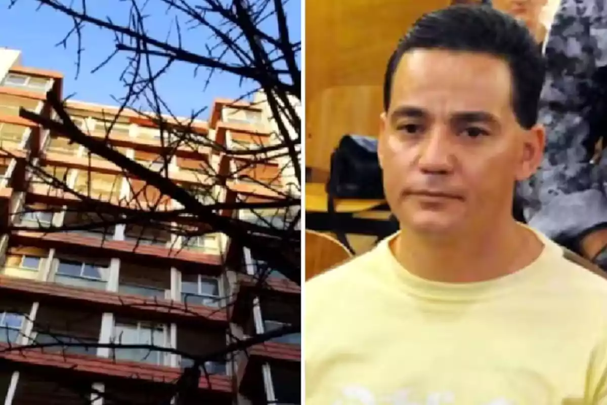 Edificio de varios pisos con ramas de árbol al frente y un hombre de cabello corto y camiseta clara sentado en un lugar cerrado