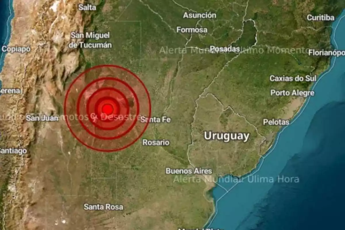 Map of South America with an earthquake epicenter marked in western Argentina with concentric red circles