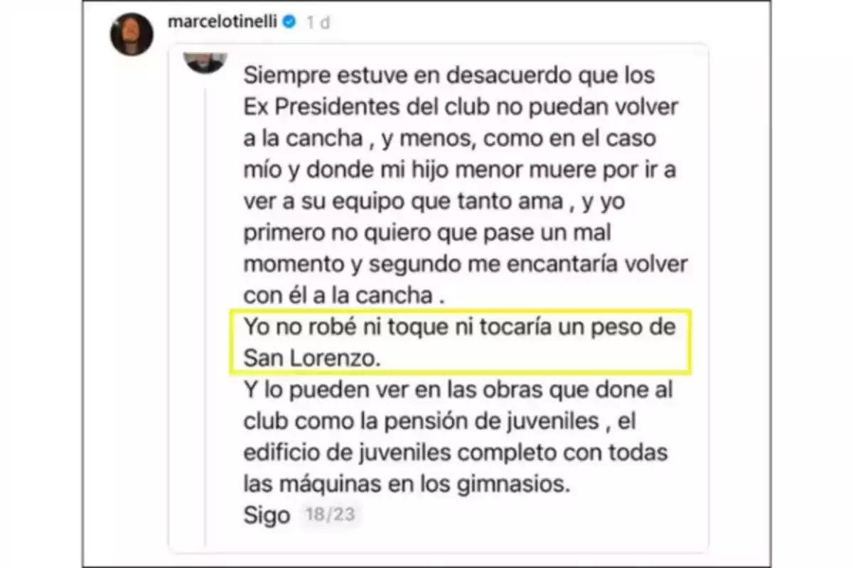 Publicación de Instagram donde una persona afirma que nunca robó ni tocaría dinero del club San Lorenzo y menciona obras donadas al club como la pensión y el edificio de juveniles. Publicación de Instagram donde una persona afirma que nunca robó ni tocaría dinero del club San Lorenzo y menciona obras donadas al club como la pensión y el edificio de juveniles.
