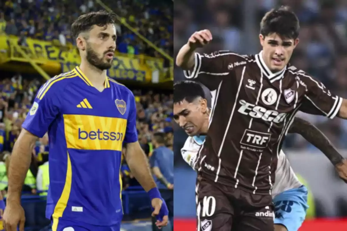 Two players in action, one wearing the blue and yellow uniform of Boca Juniors and the other wearing the brown uniform of Deportivo Morón, in a soccer match.