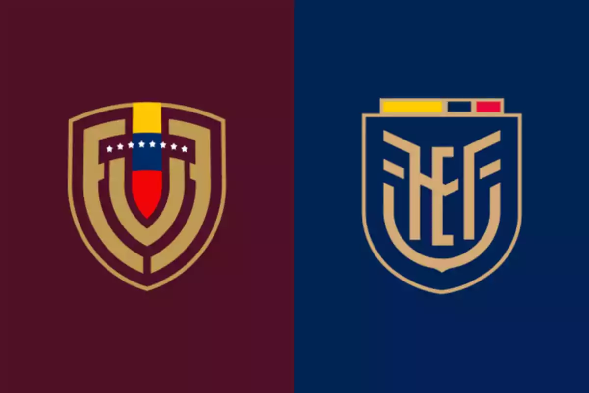 Badges of the national football teams of Venezuela and Ecuador on burgundy and blue backgrounds, respectively Badges of the national football teams of Venezuela and Ecuador on burgundy and blue backgrounds, respectively