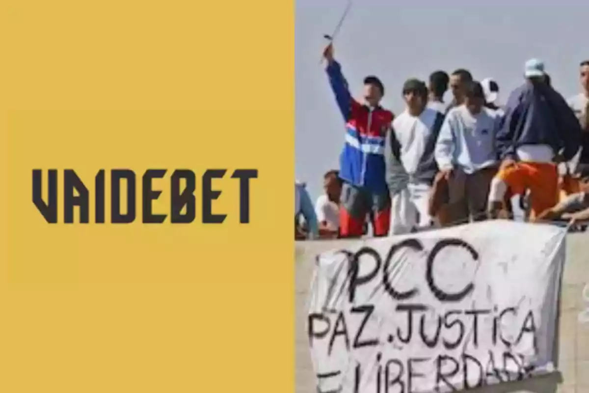 Image divided into two parts: on the left, a yellow background with the word VAIDEBET in black letters, and on the right, a group of people on a structure holding a white banner with the words PCC peace justice and freedom. Image divided into two parts: on the left, a yellow background with the word VAIDEBET in black letters, and on the right, a group of people on a structure holding a white banner with the words PCC peace justice and freedom.